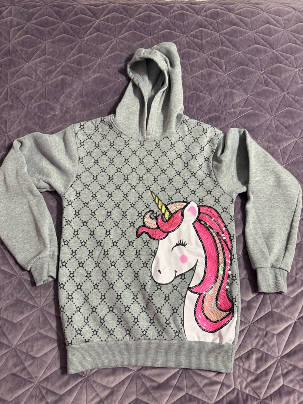 Girls' Gray Hoodie Sweatshirt with Pink Sequin Unicorn